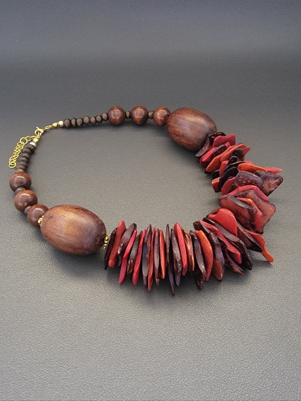 Vintage Artisan Wood & Dyed Coconut Shell Statement Necklace Boho Tribal Chunky